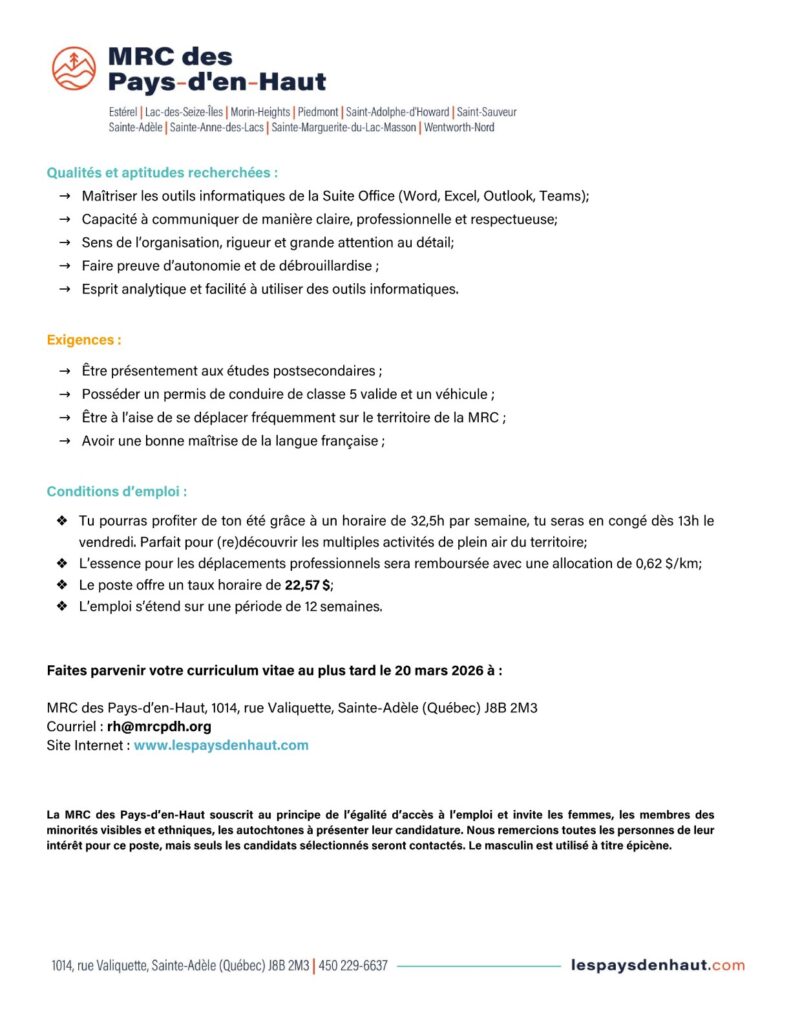 Agent(e) de soutien - inventaire et analyse commerciale (poste étudiant)