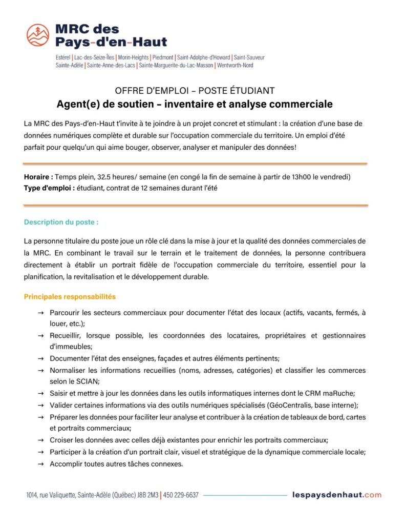 Agent(e) de soutien - inventaire et analyse commerciale (poste étudiant)